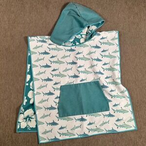 Aloha Kids Shark Print Hooded Beach Poncho Towel Teal White Size 1-3 Years